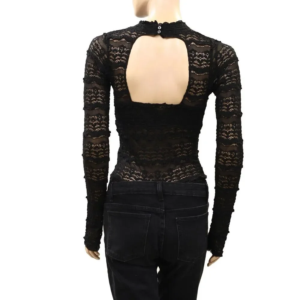 Free People Intimately Angelina Bodysuit Top Sheer Long Sleeve Black XS 289802